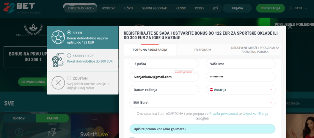 Registracija u 22bet casinu